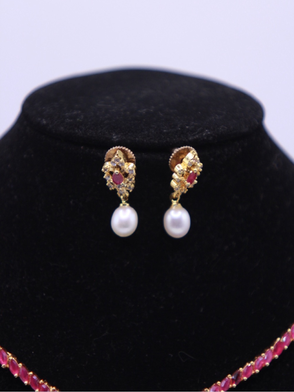 Gold-Tone Simulated Ruby Y-Style Necklace with Genuine Pearl Drop Earrings - Picture 2 of 6